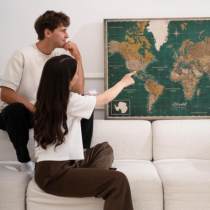 Canvas World Map with Cork Pin Board - English Lettering - Decorative Wall Decoration for All Rooms - Canvas Pictures with World Map Motif (90x60 cm, Pattern 4)