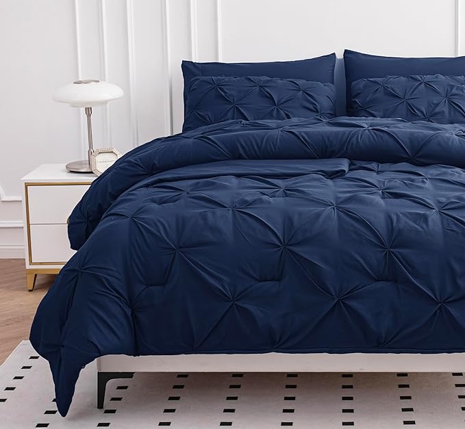LANE LINEN Twin Comforter Set, 5 Piece Twin Bedding Sets, Pintuck Twin Size Bed Set, Pinch Pleated Twin Bed in a Bag Set, Twin Bed Comforter Set with Sheets, Pillowcase & Sham - Navy Blue