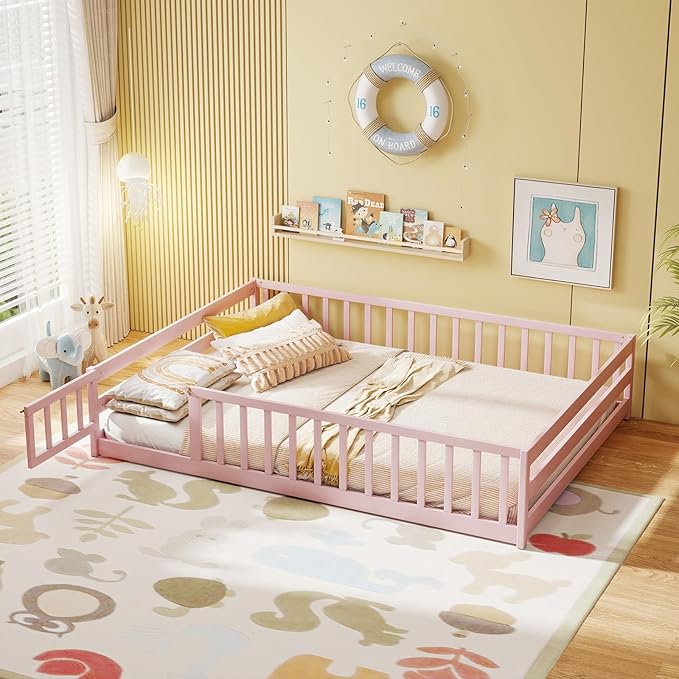 KOMFOTT Full Size Wood Floor Bed with Door & Fence, Montessori Bed Frame with Full Length Safety Guardrails, Door & Latch, Wooden Montessori Floor Bed for Kids, Girls, Boys (Full,Pink)