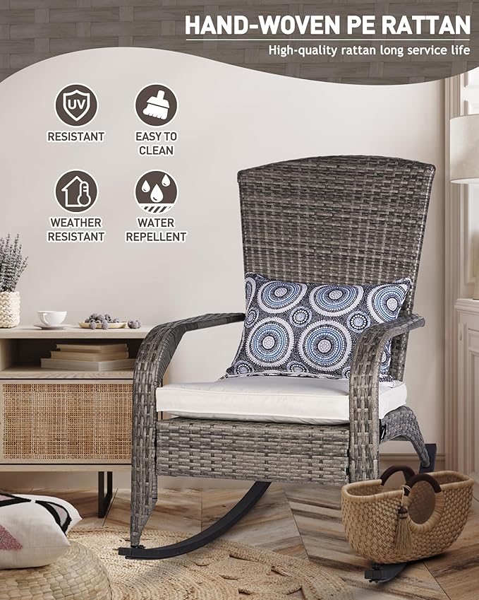 Patio Rocking Chair- Wicker Rocking Chairs Outdoor with Cushions and Pillow, All-Weather Outdoor Rocker Chair with 2 Replaceable Cushion Covers (White & Blue) 320lbs