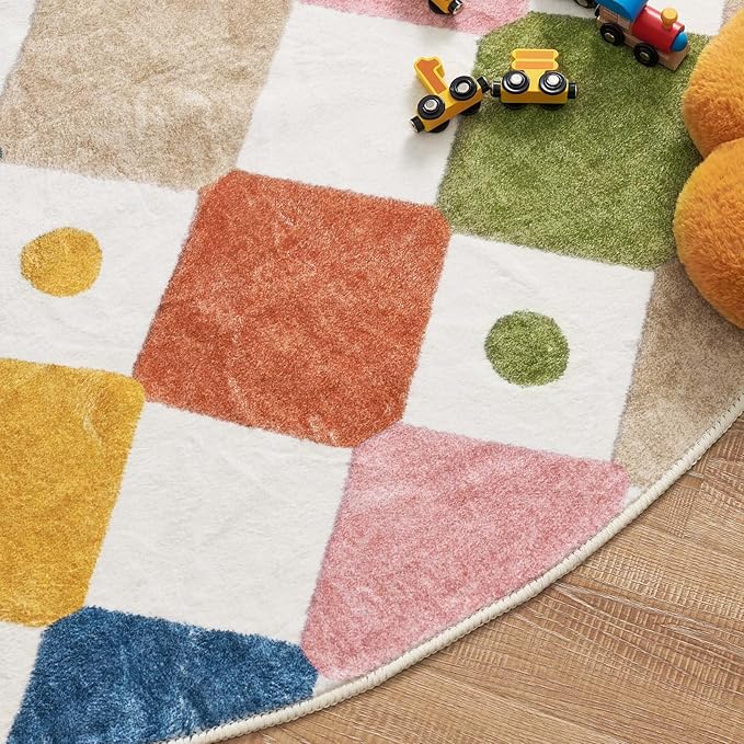 jinchan Macy Round Rug 4ft Kids Washable Rug Indoor Floor Cover Non-Slip Soft Modern Elementary School Classroom Colorful Diamond Carpet for Nursery Daycare Playroom Living Room Circus on Cream