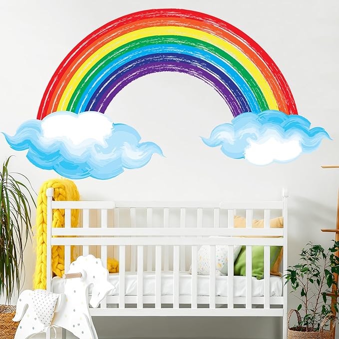 Watercolor Rainbow Wall Decals Lovely Rainbow Wall Stickers for Kids Room, Large Cloudy Rainbow Room Decor Waterproof Peel and Stick Wall Art Murals for Nursery Classroom