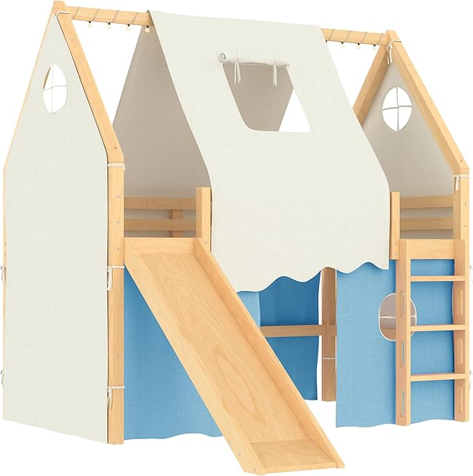 Playhouse Design Full Size Loft Bed with Slide & Tent, Solid Wood Tent Bed Frame for Kids Boys Girls, Versatile Spacious Under Bed Space, Chic Design with Lights (Natural+Blue-Full)