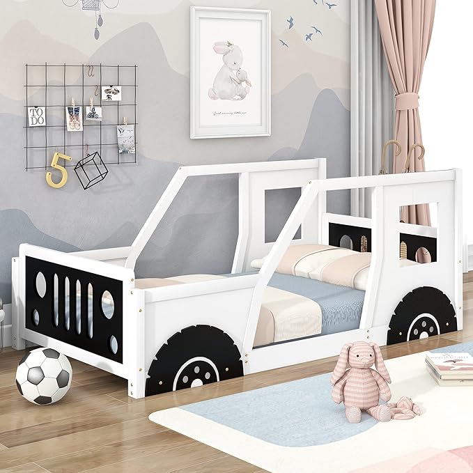 Bellemave Twin Size Toddler Bed, Classic Car-Shaped Platform Bed with Wheels, Wood Twin Montessori Floor Bed for Kids Boy Girls (White+Black)