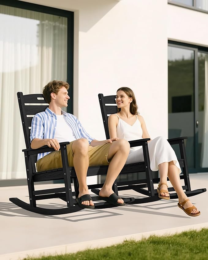 SERWALL Oversized Outdoor Rocking Chair, HDPE Patio Rocking Chair with Footboard for Adults, All Weather Porch Rocker for Deck Patio Balcony, Black