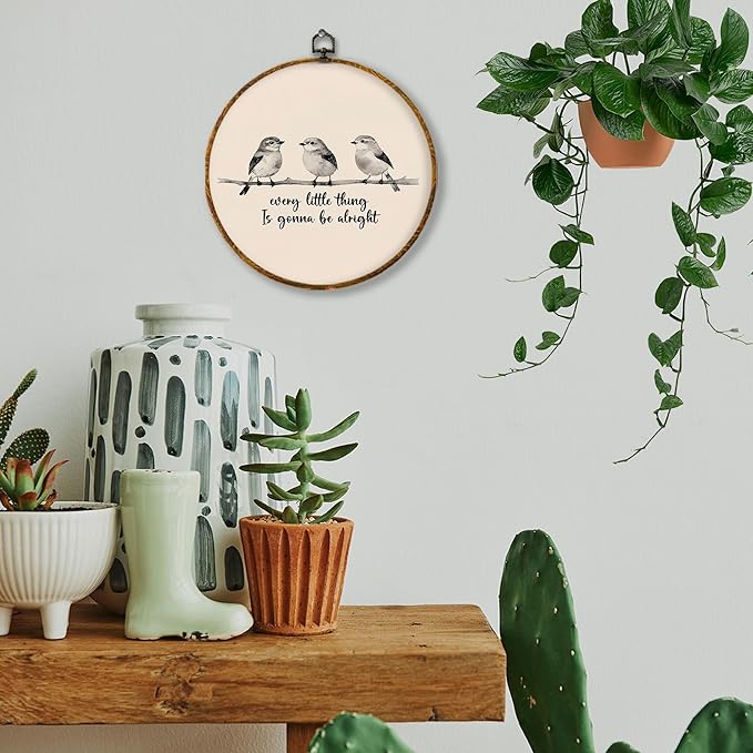 Hiuwevt Bird Round Wall Art Decor, Neutral Rustic Positive Quotes Hanging Canvas Prints Artwork Framed, Every Little Thing Is Gonna Be Alright Circular Wall Decor for Home Room, 10x10 Inch