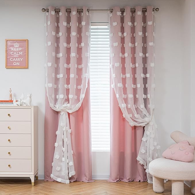 MYSKY HOME Light Blocking Pink Curtains for Living Room White Sheer Pom Pom Kids Room Decor Drapes 108 Inches Long Double Layer Curtain for Sliding Door Grommet Window Panels Set of 2 52" x 108"