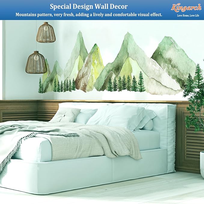 Large Mountain Wall Decals, Green Pine Tree Peel and Stick Vinyl Wall Stickers & Murals, Removable Home Room Wall Decor for Bedroom Living Room Bedroom Classroom Office Nursery