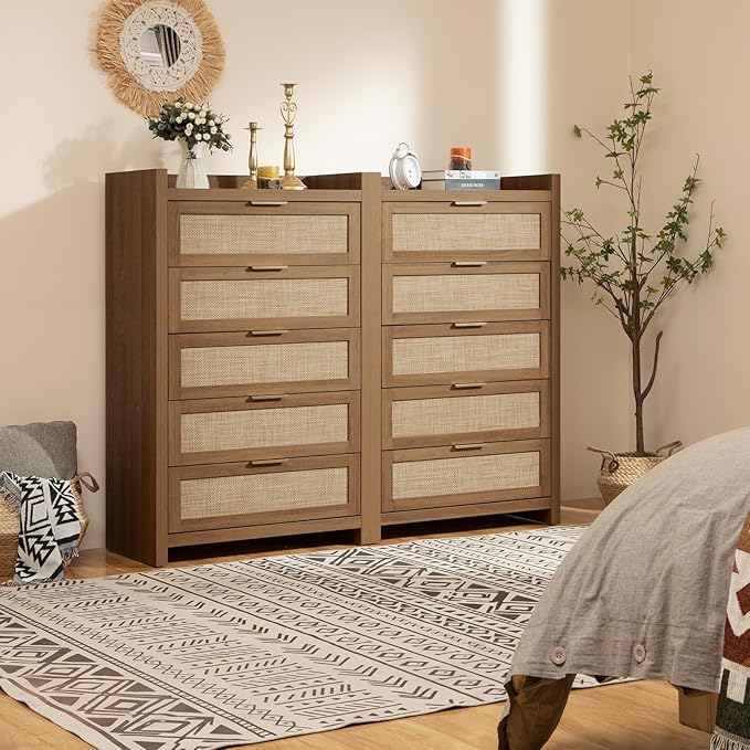 SICOTAS Dresser for Bedroom Chest of Drawers 46" Tall Dresser for Closet with 5 Rattan Drawers Boho Nightstands Set of 2 Large Clothes Storage Cabinet TV Stand for Living Room Hallway Nursery Entryway