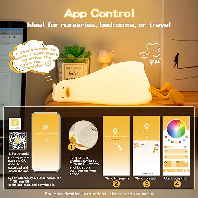 Cute Duck Night Light with Color Changing, APP/Tap Fun Lying Flat Duck Lamp with Rubber Duck Gift,Soft Silicone Nursery Nightlight,Dimmable/Timing Bedside Lamp,White Elephant Xmas Gifts for Baby Kids
