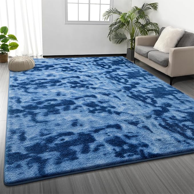 Large Area Rugs for Living Room, 7 x 10 Ft Non-Slip Soft Tie-Dyed Thickened Memory Foam Rug for Bedroom, Comfy Indoor Floor Carpets for Boys Girls Dorm Room Nursery Home Decor, Royal Blue