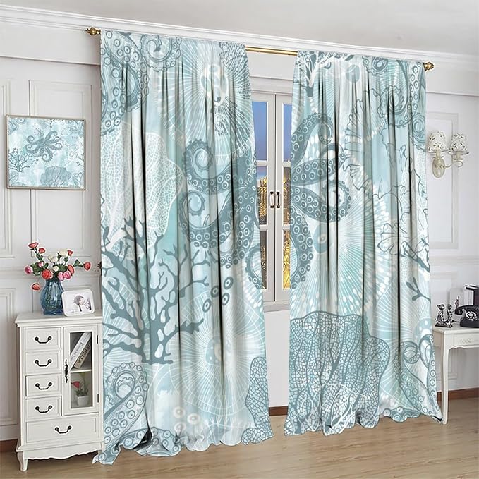 Coastal Window Curtains,Nautical Beach Themed Thermal Insulating Blackout Curtain for Living Room, Bedroom Set 2 Panels,72x63 Inches
