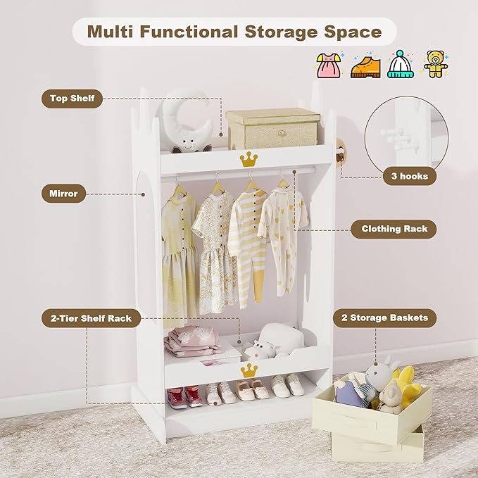 Kids Dress Up Storage with Mirror, Kids Costume Wardrobe with Shelves & Non-Woven Drawers, Children Open Hanging Armoire Costume Organizer for Kids Room, Nursery, Preschool, White