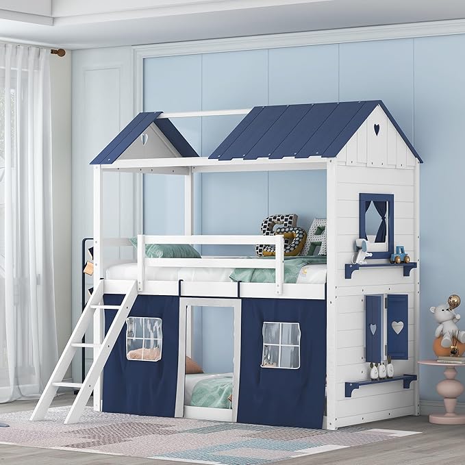 Twin Size House Bunk Bed with Elegant Windows and Sills, Solid Wood Tent Bed Frame with Guardrails for Kids Teens Boys Girls, Versatile Spacious Under Bed Space with Curtains (White+Blue T)