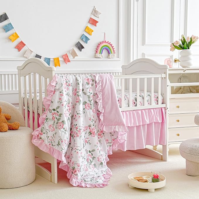 3 Pieces Pink Rose Flowers Crib Bedding Set Baby Ruffled Quilted Comforter with Fitted Sheet and Bed Skirt - Cute Ruffled Shabby Chic Baby Girls Bedding Soft Blanket Floral Design