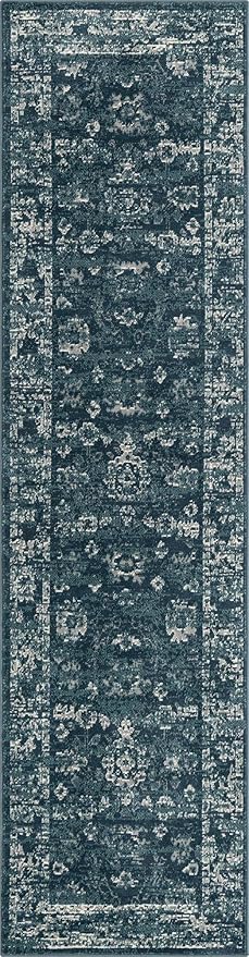 Rugs.com Charleston Collection Rug – 10 Ft Runner Navy Blue Low-Pile Rug Perfect for Hallways, Entryways