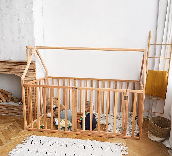 BUSY WOOD Montessori Bed for Toddlers - Floor Bed Frame Full - Floor Toddler Bed with Rails - Montessori Bed Queen- Floor Toddler Bed with Rails - Montessori Floor Bed Frame (Model 21)