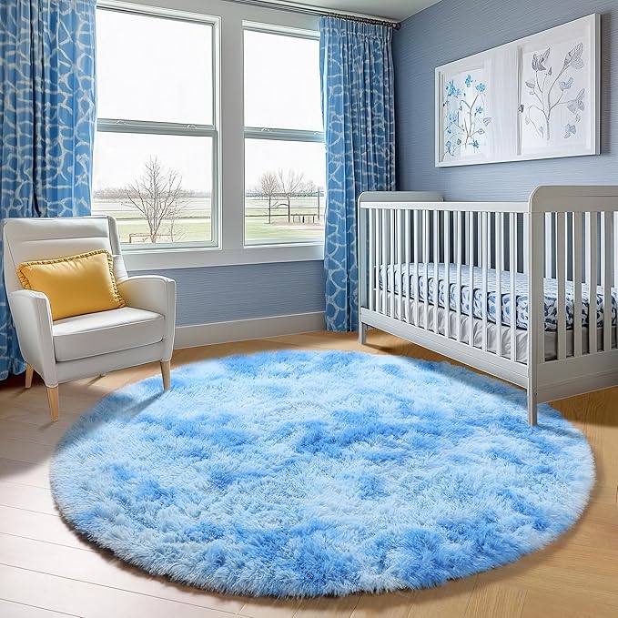 ONASAR Tie-Dye Blue Round Area Rug 4x4, Soft Bedroom Circle Rugs Floor Mats for Kids Girls Teen Room, Kawaii Fluffy Plush Shaggy Carpet for Baby Nursery Living Room Playroom Home Decor