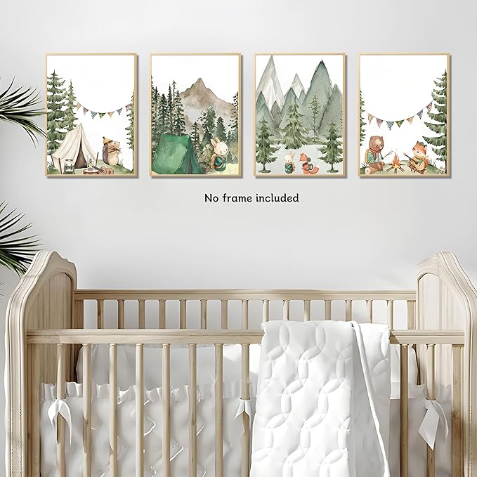 Kousne Woodland Adventure Nursery Canvas Wall Art Set of 4 Camping Animal Prints BearFox Rabbit Hiking PostersForest Mountain Themed Kids Room PictureNature Exploration Wall Decor Frameless 12x16In ﻿