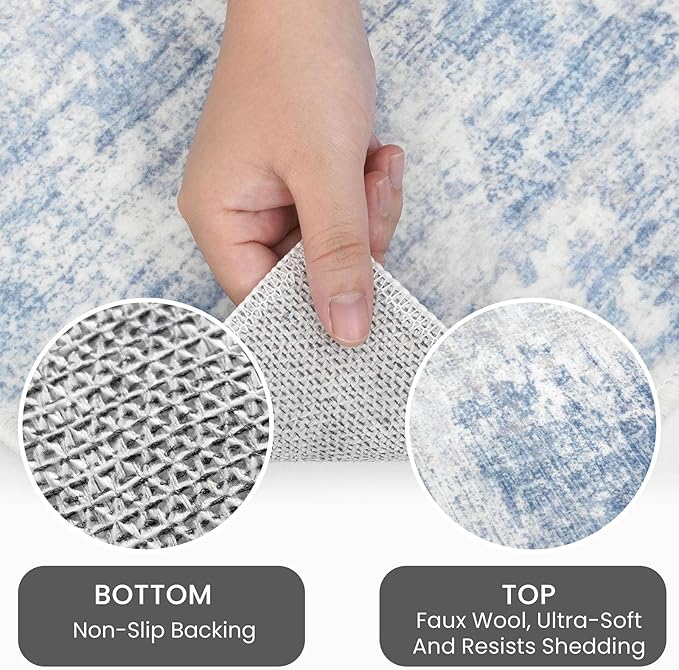IOHOUZE Abstract Runner Rug 3x12 Ft Washable Runners for Hallways, Non Slip Kitchen Runner Printed Faux Wool Entryway Runner Indoor, Modern Abstract Floor Carpet for Hall Kitchen, Light Blue White