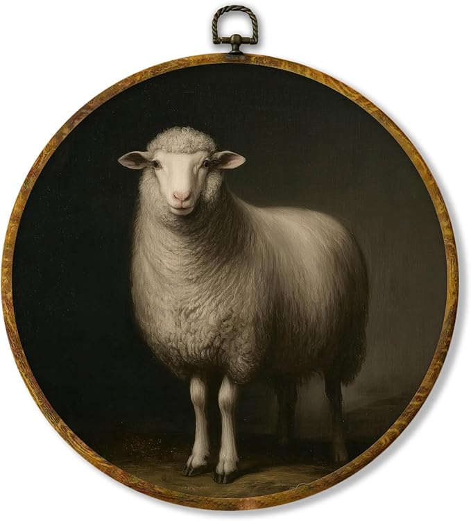 Hiuwevt Vintage Farmhouse Sheep Round Wall Art Decor, Rustic Country Sheep Framed Canvas Prints, Moody Classic Farm Animals Round Wall Hanging Decor for Home Living Room Decorations, 10x10 Inches