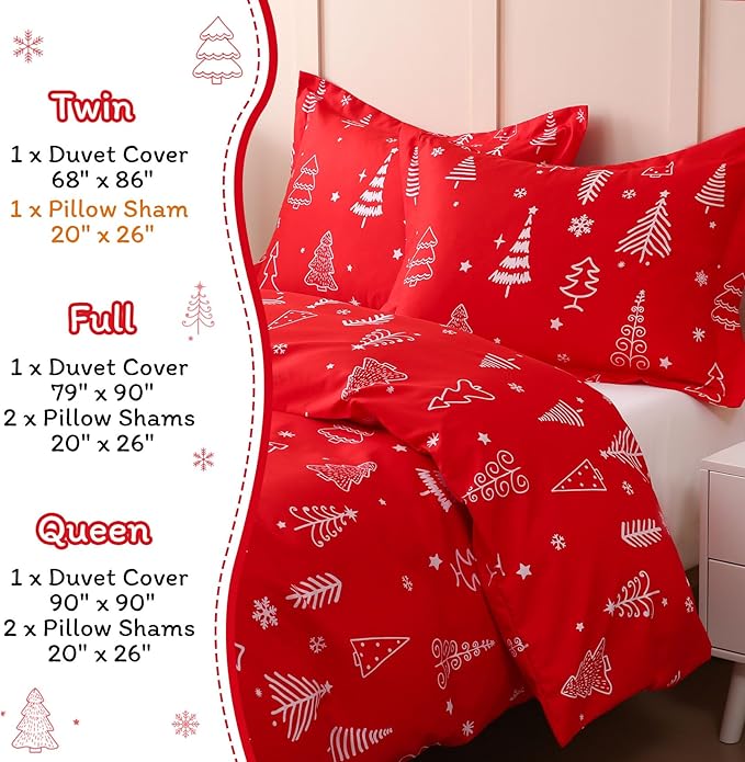 JSD Red Christmas Tree Kids Duvet Cover Set Queen Size, 3 Piece Xmas Comforter Cover with Pillow Sham Zipper Closure, Comforter Not Included
