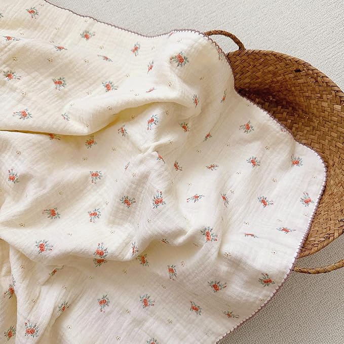 BuLuTu Toddler Blanket Muslin Cotton Baby Blanket Soft Nursery Bed Blankets Shabby Chic Crib Blanket Baby Boys Girls Swaddle Blankets,4-Layer Large Cotton Quilt Blankets,Berry Pattern,47"x51"