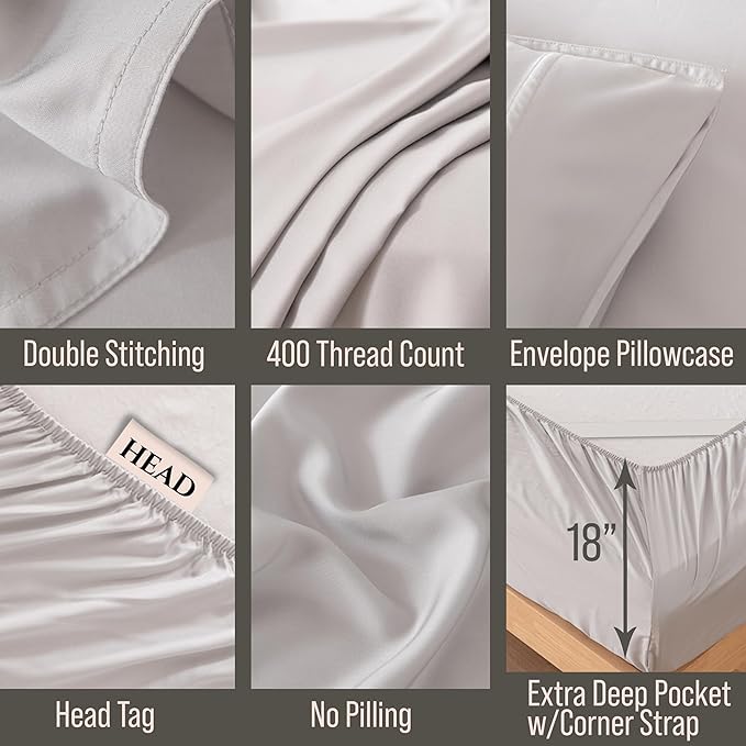 Bella Coterie 7 Piece Luxury Bamboo Viscose Split King Size Sheet Set | 2 Fitted Sheets for Adjustable Beds | 100% Organically Grown | Cooling for Hot Sleepers | 4 Pillowcases [Grey Mist]