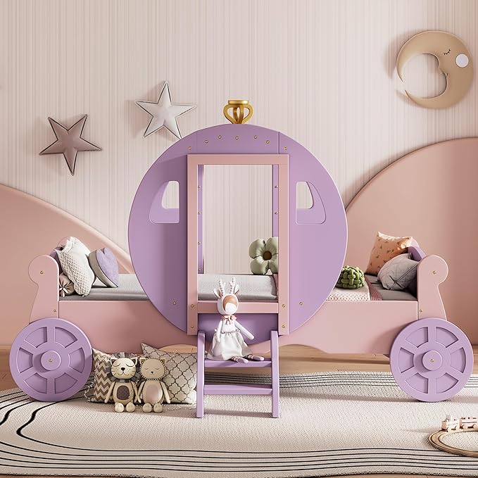 Twin Size Princess Carriage Bed Frame for Boys Girls Kids Toddler with Crown, Wood Platform Car Bed with Stair, Purple+Pink
