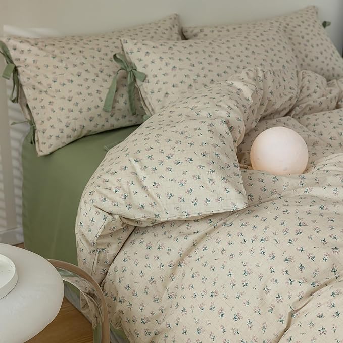 HighBuy Girl Duvet Cover Twin XL Floral Bedding Boho Soft Cotton Coquette Comforter Cover Twin XL with 2 Bowknot Bow Tie Pillowcases,Farmhouse Vintage 3 Pieces Cute Flowers Bedding Set Ultra Soft