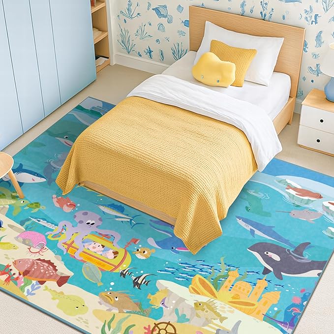 5x7 Ocean Rug for Kids Room – Large Play Mat with Beach Wave Whale & Mermaid, Washable Non Slip Learning Carpet for Toddlers, Bedroom or Playroom Décor