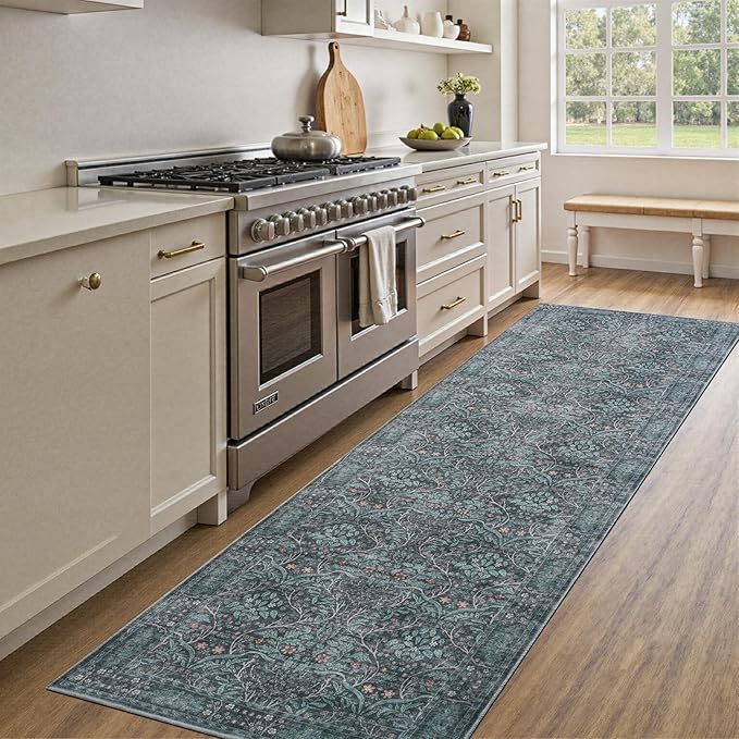 Retro Green Runners for Hallways,2x6 Washable Kitchen Runner Rug，Vintage Soft Low Pile Long Carpet for Kids Room Non-Slip Stain Resistant Runner for Bathroom Hall Kitchen Office Stair
