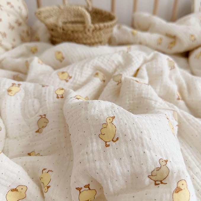 BuLuTu Cute Duck Pattern Baby Blanket Muslin Toddler Quilt Blankets Boys Girls Breathable Cotton Baby Bedding Thin Nursery Blanket for Summer, Shower Gift, 47"x51"