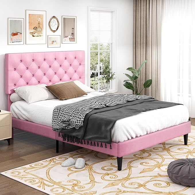 BarnFurin Full Size Bed Frame with Headboard, Upholstered Platform Bed with Adjustable Button Tufted Headboard, Fabric Bed Frame with Wooden Slats Support, No Box Spring Required, Easy Assembly, Pink