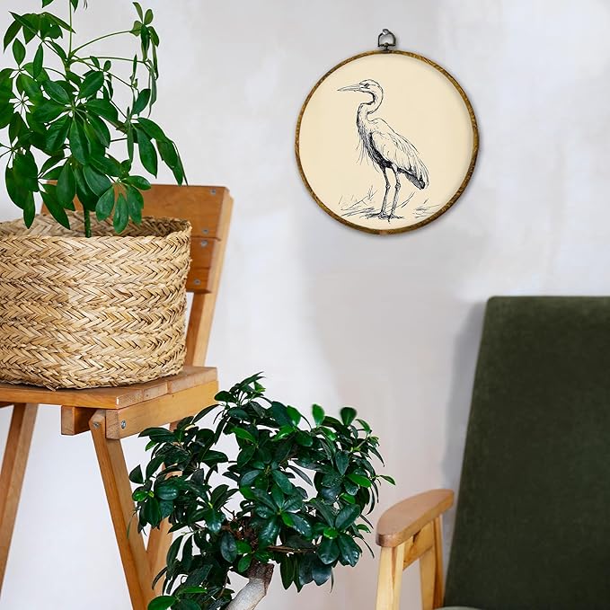Hiuwevt Vintage Heron Bird Round Wall Art Decor, Retro Neutral Sketch Heron Framed Canvas Prints, Coastal Bird Round Wall Hanging Decor for Home Living Room Bedroom Decorations, 10x10 Inches