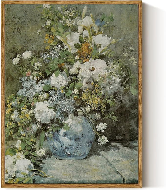 ARPEOTCY Framed Canvas Print Wall Art Decor, French Vintage Flower Spring Botanical Wall Art Home Decor, Ceramic Vase Floral Oil Painting for Living Room, Office Shelf Decoration, 12x16 inch