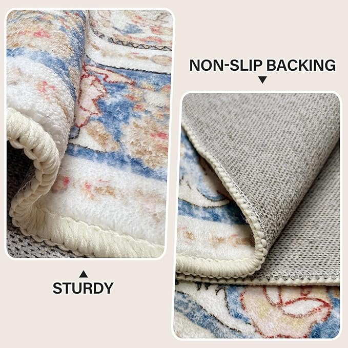 Vhong Washable Area Rugs Boho Vintage Modern Neutral Large Carpet Blue High Traffic Rugs 9×12 for Dinning Room Living Room Bedroom Farmhouse Non Slip