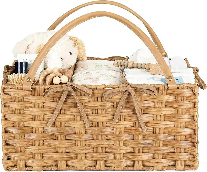Diaper Caddy Organizer, Hand Rattan Nursery Storage Basket for Baby Essentials, Baby Changing Table Organizer Perfect Nursery Assistant, Easy Assemble