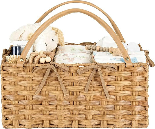Diaper Caddy Organizer, Hand Rattan Nursery Storage Basket for Baby Essentials, Baby Changing Table Organizer Perfect Nursery Assistant, Easy Assemble