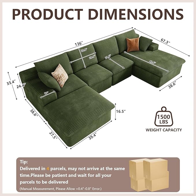 136" Cloud Modular Sectional Sofa with 1 Ottoman, Deep Seat Boneless Couch, Modern Upholstered Corduroy Couches, Comfort U Shaped Sofa for Living Room, No Assembly Required(Green,Right Facing Chaise)