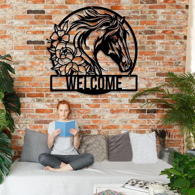 Personalized Horse Flower Wall Decor,Housewarming Gifts,Horse Silhouette Wall Art,Horse Flower Metal Ranch Sign, Animal Signage, Farmhouse Garden Wall Outdoor Decor