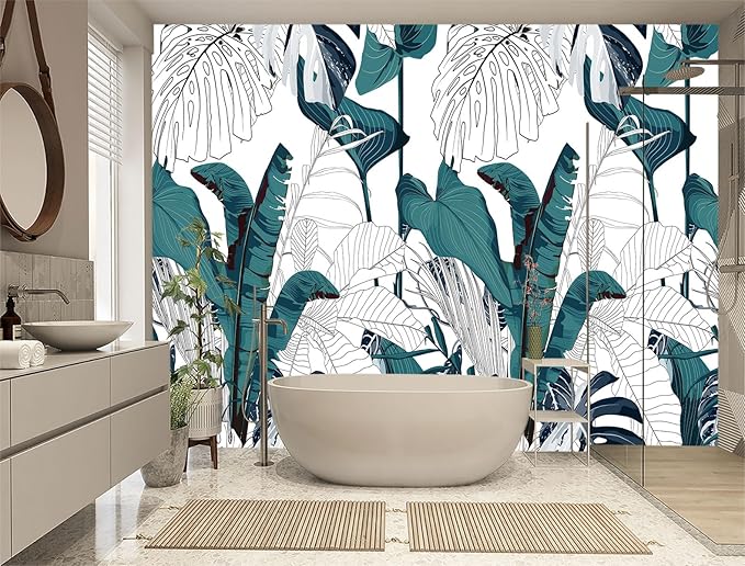 XMPMBM-Modernity Simple Geometrical Banana Leaf Fabric Wallpaper Abstraction Leaf Living Room Bedroom Bathroom Wall Mural-W 154" X H 105"（112 Square Foot）