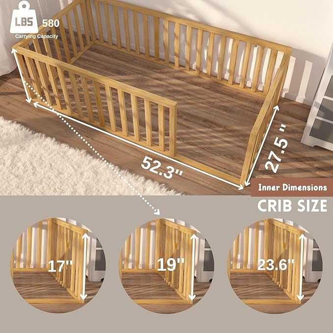 Montessori Floor Bed for Kids 27.5'' x 53'' Crib | Toodlers Floor Bed with Safety Guardrails | Pine Wood Baby Bed | Sturdy Wood Frame Bed for Girls and Boys (Crib, Height : 19 Inches)