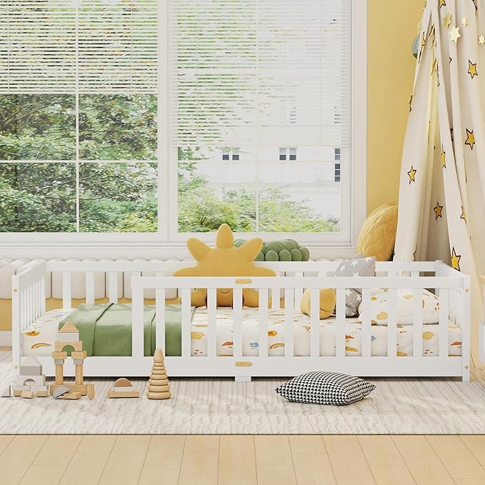 Twin Size Floor Bed for Kids, Wood Montessori Floor Beds with Fence Railings and Slats Support, Twin Playhouse Bed Frame for Boys Girls, No Box Spring Needed, White