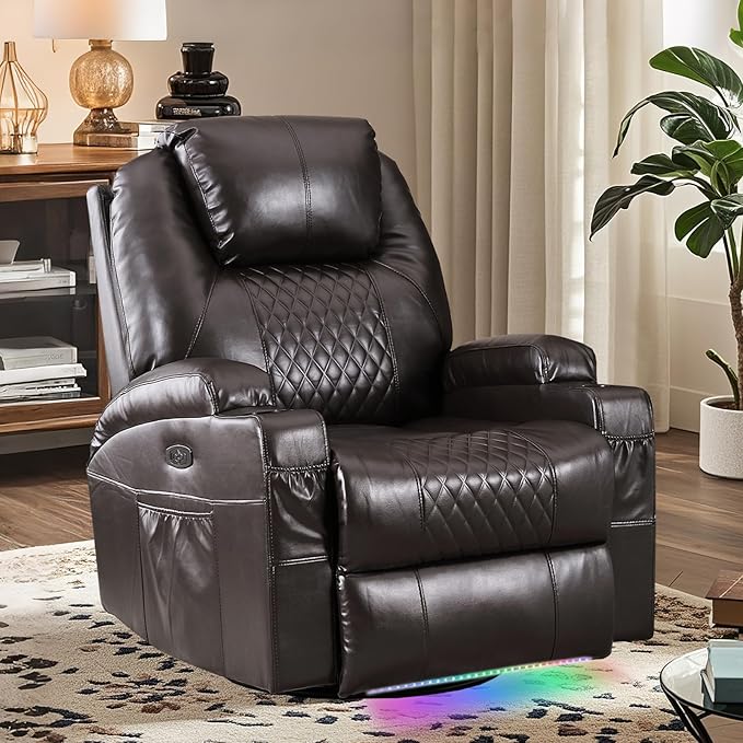 Power Swivel Rocker Recliner Chair with Massage and Heat/LED Lights/USB and Type-C Ports/Infinite Position/Cup Holder, Electric Glider Reclining Sofa for Nursery Living Room(2, Brown)
