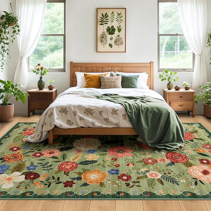 6x9 Washable Area Rug for Living Room, Floral Non-Slip Non-Shedding & Easy Care, Soft Low Pile Vintage Indoor Floor Carpet for Living Room, Bedroom, Farmhouse, Dining Room, Kids Playroom, Green