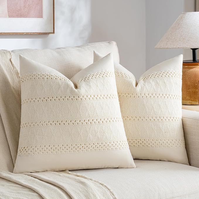 Fancy Homi Set of 2 Boho Cream Decorative Throw Pillow Cover 20x20 Inch for Couch Bed Sofa, Aesthetic Modern Organic Farmhouse Home Decor, Soft Cotton Cute Accent Macrame Woven Cushion Case