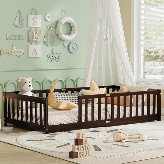 Twin Size Floor Bed for Kids, Wood Montessori Floor Beds with Fence Railings and Slats Support, Twin Playhouse Bed Frame for Boys Girls, No Box Spring Needed, Espresso