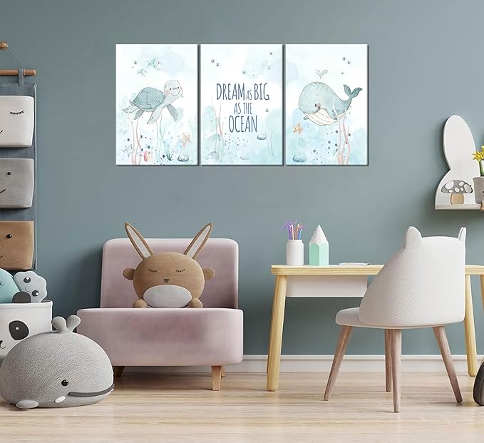 Ocean Nursery Canvas Wall Art Sea Turtle Whale Animal Painting Picture Wall Decor Sea Kids Room Poster Print Artwork for Baby Boys Girl Children's Room Bedroom Home Decoration