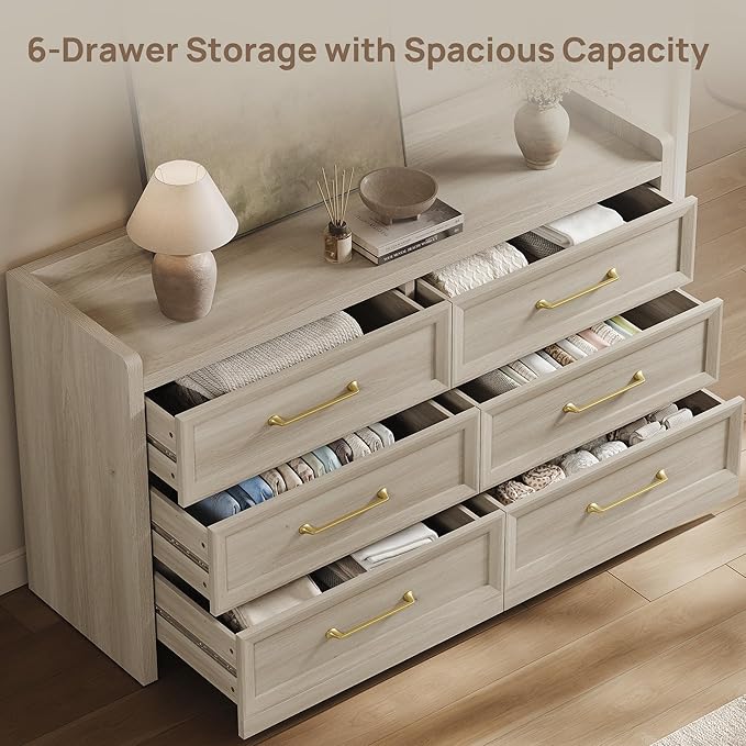 SICOTAS 6 Drawer Dresser for Bedroom-56.4" Extra-Wide Wooden Chest of Drawers with Large Storage, Long Dresser TV Stand with Drawers, Farmhouse Closet Dressers for Nursery Living Room, Grey White Oak